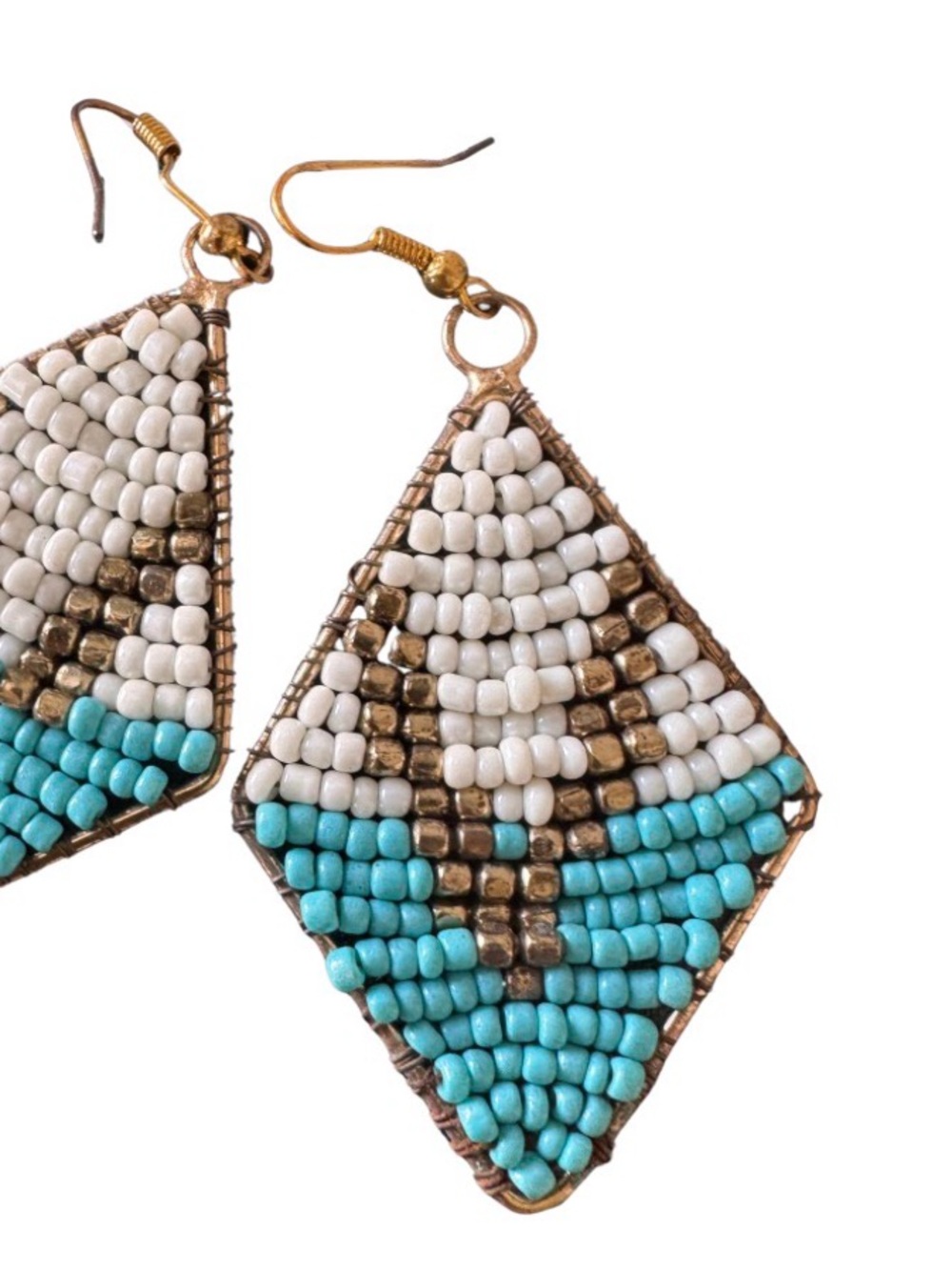 Vintage Beaded Teardrop Dangle Earrings in Turquoise, White & Gold
